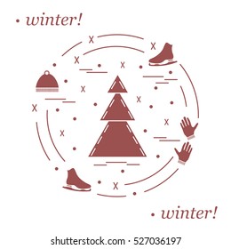 Vector illustration for sports figure skating arranged in a circle. Including icons of skates, gloves, hat, spruce. 