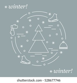 Vector illustration for sports figure skating arranged in a circle. Including icons of skates, gloves, hat, spruce. Winter elements made in line style. 