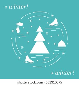 Vector illustration for sports figure skating arranged in a circle. Including icons of skates, gloves, hat, spruce. 