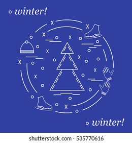 Vector illustration for sports figure skating arranged in a circle. Including icons of skates, gloves, hat, spruce. Winter elements made in line style. 