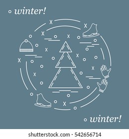 Vector illustration for sports figure skating arranged in a circle. Including icons of skates, gloves, hat, spruce. Winter elements made in line style. 