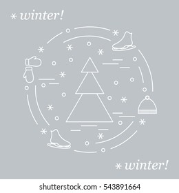Vector illustration for sports figure skating arranged in a circle. Included icons are skates, gloves, hat, spruce. Winter elements made in line style. 