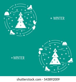 Vector illustration for sports figure skating arranged in a circle. Including icons of skates, gloves, hat, spruce. 