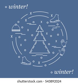 Vector illustration for sports figure skating arranged in a circle. Including icons of skates, gloves, hat, spruce. Winter elements made in line style. 