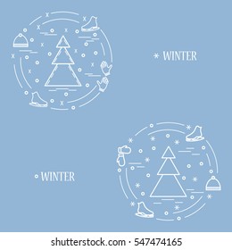 Vector illustration for sports figure skating arranged in a circle. Including icons of skates, gloves, hat, spruce. Winter elements made in line style. 