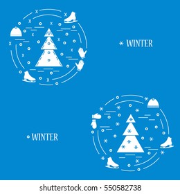 Vector illustration for sports figure skating arranged in a circle. Including icons of skates, gloves, hat, spruce. 