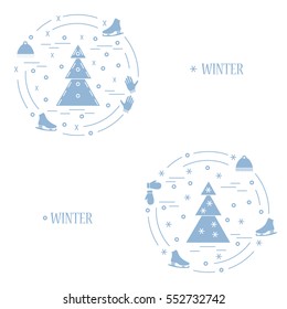 Vector illustration for sports figure skating arranged in a circle. Including icons of skates, gloves, hat, spruce. 