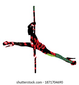 Vector Illustration of a sports girl on a pylon  isolated on white background. Pole dancing. stripper, pole dance. For printing packaging, cards, designers, clothes, clubs, Pole dance studios, icon