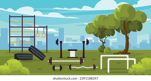 Vector illustration of a sports ground.Cartoon scene of a sports field in nature with trees, horizontal bars, dumbbells, bars of different sizes with silhouettes of buildings.