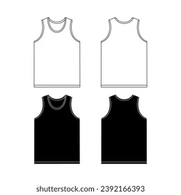 Vector illustration of sports jersey front and back. Sleeveless T-shirt template with a round neck. Outline sketch of a sports jersey in white, black colors.
