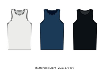 Vector illustration of a sports jersey. Sleeveless T-shirt template with a round neck. Outline sketch of a sports jersey of the past, blue, black colors.