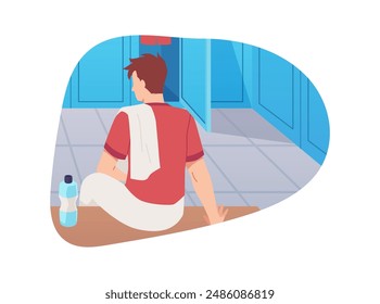 A vector illustration of a sports locker room scene showing a character on a bench with a towel and a water bottle, surrounded by lockers in a decorative frame. Flat style. Back view.