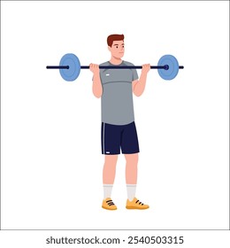 Ilustração vetorial de um homem esportivo segurando um sino em suas mãos. Cena de desenho animado de um cara fazendo exercícios com um sino isolado em um fundo branco. Treinamento no ginásio. Fortalecimento muscular.