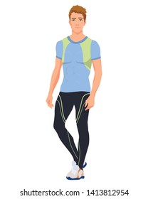 Vector illustration of sports man in sportswear under the white background. Cartoon realistic people illustartion. Flat young athlete. Front view man.