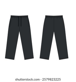 Vector illustration of sports pants on elastic band, black color, front and back view. Sketch of fashionable straight cut jogging pants. Template of sports pants on a drawstring.