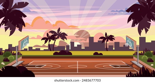 Vector illustration of a sports playground, basketball court. Cartoon scene of a beautiful sunset or sunrise in the sky with pastel clouds,silhouettes of houses,palm trees,basketball court with hoops.