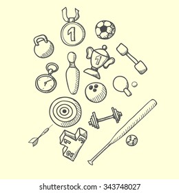 Vector illustration of sports set. Hand-drown objects sketch. Sports collection.