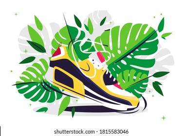 Vector illustration of a sports sneaker with green tropical leaves in the background, sports theme