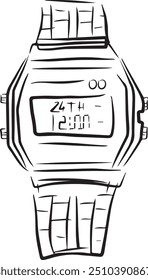 Vector illustration of sports watch, travel watch, with electronic dial, a wristwatch in line art style, black and white version. Minimalism, modern design, suitable for packaging, labels, stickers.