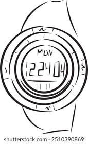 Vector illustration of sports watch, travel watch, with electronic dial, a wristwatch in line art style, black and white version. Minimalism, modern design, suitable for packaging, labels, stickers.