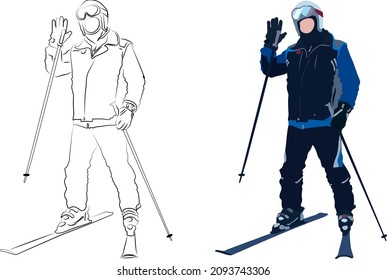 vector illustration: sportsman. Alpine skier. Skiing. A man in an outfit. Ski poles. Helmet. Balaclava. Winter sports. skiing from the mountain. Winter sportswear. Visitor to the ski resort. Line