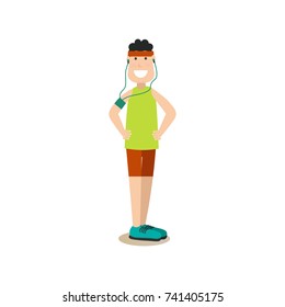 Vector illustration of sportsman in headphones exercising. Training outside people concept flat style design element, icon isolated on white background.