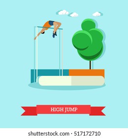 Vector illustration of sportsman jumping high jump. Track and field athletics competitions. High jumper leaping over the bar. Flat design