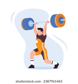 Vector illustration of a sportsman weightlifter with a dumbbell. Cartoon scene of a male athlete lifting a heavy dumbbell above his head, holding it in his outstretched arms on a white background.