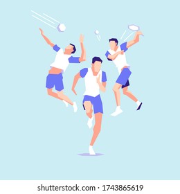 Vector illustration of sportsmen isolated on blue background. Active young people doing sport routine. Professional players in blue and white uniform. Sporty outfit. Men in action: run, jump and swung