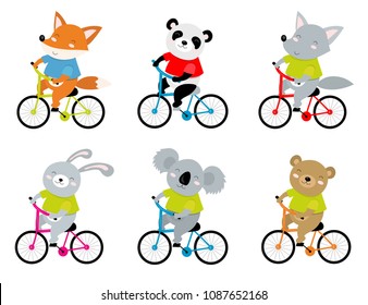 Vector illustration of sporty animals on a bicycle. Perfect for postcard, baby book, poster, banner. Panda, bear, rabbit, wolf, fox, koala