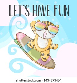 Vector illustration with sporty animals on a skateboard. Cute baby tiger