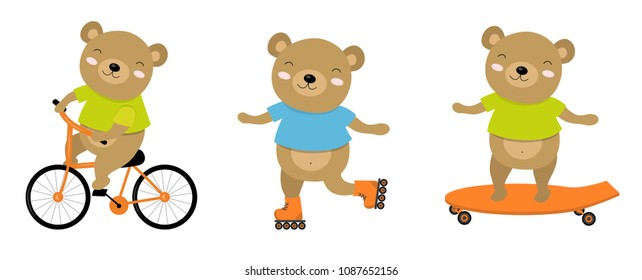 Vector illustration of sporty bear on a bicycle, roller skates, skate. Perfect for postcard, baby book, poster, banner