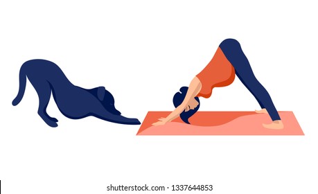 Vector illustration of a sporty beautiful pregnant young woman and her pet dog practicing yoga together, meditating in the pose of a dog face down, Adho Mukha Svanasana on a white background