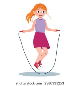 Vector illustration of a sporty girl jumping on a rope. Cartoon scene with a beautiful, smiling red-haired girl wearing a t-shirt, skirt and sneakers jumping rope isolated on a white background.