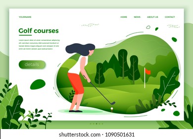 Vector illustration - sporty girl playing golf. Court, park, trees and hills on green background. Banner, site, poster template with place for your text.
