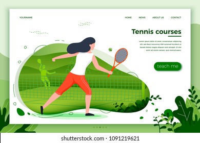 Vector illustration - sporty girl playing tennis. Court, park, trees and hills on green background. Banner, site, poster template with place for your text.