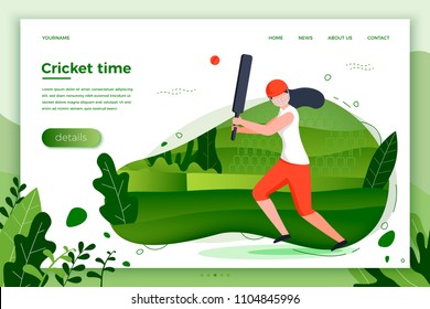 Vector illustration - sporty girl playing cricket. Court, park, trees and hills on green background. Banner, site, poster template with place for your text.