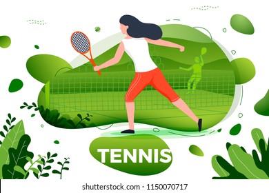 Vector illustration - sporty girl playing tennis. Court, park, trees and hills on green background. Banner, site, poster template with place for your text.
