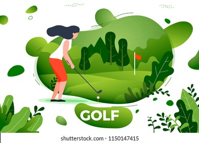 Vector illustration - sporty girl playing golf. Court, park, trees and hills on green background. Banner, site, poster template with place for your text.