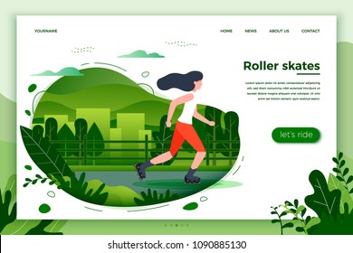 Vector illustration - sporty girl roller skating. City, park, trees and hills on green background. Banner, site, poster template with place for your text.