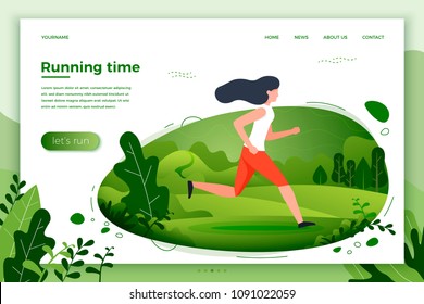 Vector illustration - sporty girl running in park. Park, trees and hills on green background. Banner, site, poster template with place for your text.