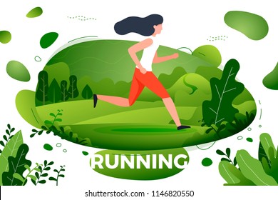 Vector illustration - sporty girl running in park. Park, trees and hills on green background. Banner, site, poster template with place for your text.