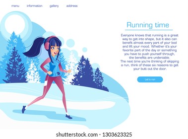 Vector illustration - sporty girl running in park. Landing page template of Healthy lifestyle, womens fitness, outdoor activity. Banner, site, poster template with place for text, mobile website