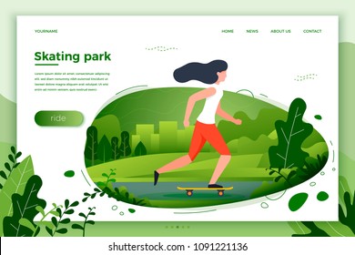 Vector illustration - sporty girl skating in park. City, park, trees and hills on green background. Banner, site, poster template with place for your text.