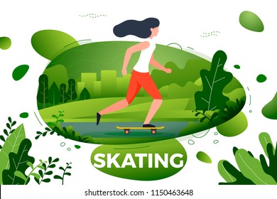 Vector illustration - sporty girl skating in park. City, park, trees and hills on green background. Banner, site, poster template with place for your text.