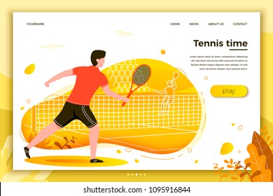 Vector illustration - sporty man playing tennis. Court, park, trees and hills on green background. Banner, site, poster template with place for your text.