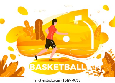 Vector illustration - sporty man playing basketball. Court, park, trees and hills on yellow autumn background. Banner, site, poster template with place for your text.