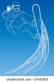 Vector illustration of sporty man snowboarding on a blue sky background