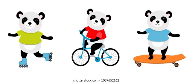 Vector illustration of sporty panda on a bicycle, roller skates, skate. Perfect for postcard, baby book, poster, banner