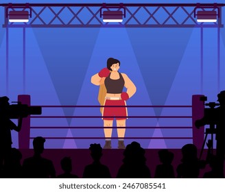 Vector illustration of a sporty woman in a boxing ring wearing gloves and shorts. The silhouettes of fans and journalists convey a vibrant sports atmosphere.